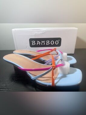 BAMBOO Blue Multicolor Patent Strappy Slide Sandals